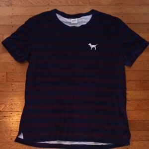 PINK Victoria's Secret Navy & Burgundy Striped Womens Tee with Dog Logo